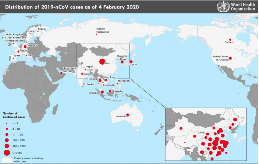 Corona virus (2019 nCoV) situation map as of Feb. 5, 2020 from the World Health Organization (WHO). Novel Coronavirus global, world map.