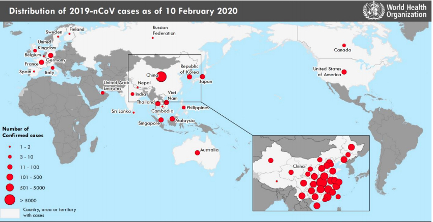 Corona virus (2019 nCoV) situation map as of Feb. 10, 2020, from the World Health Organization (WHO). 